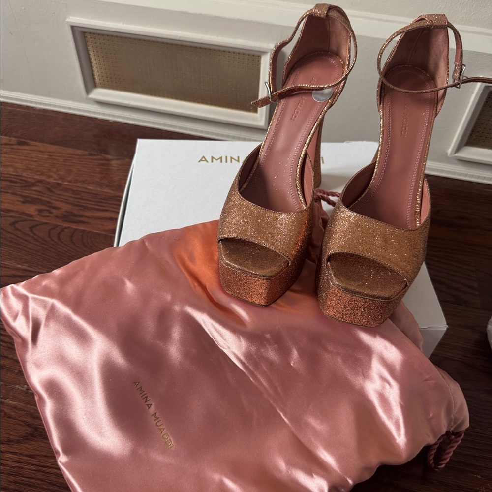 Amina Muaddi Rose Gold Sparkle Heela